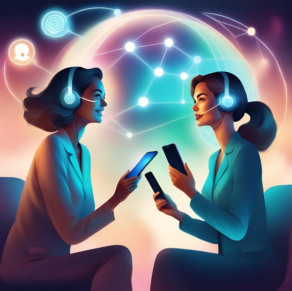 Il·lustració de dues dones utilitzant cel·lulars, demostrant la immensitat de la connectivitat.