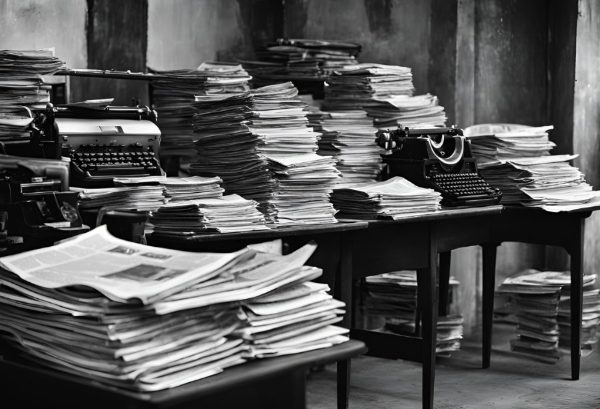 Foto en blanco y negro. Escritorios llenos de periódicos apilados y dos máquinas de escribir.