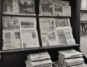 Periodicos antiguos sobre una mesa de madera, destacando su legado periodistico.