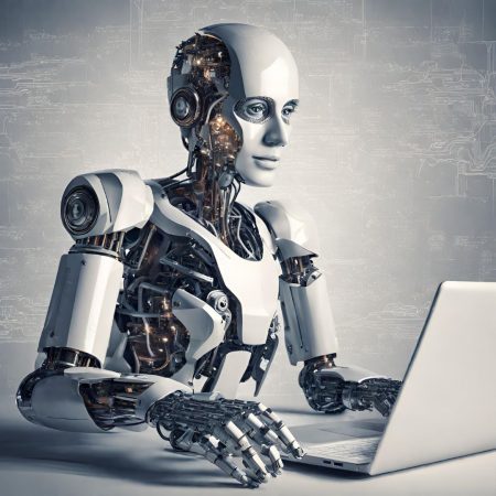 Robot explorando datos en un ordenador: la Inteligencia Artificial en el periodismo de datos.